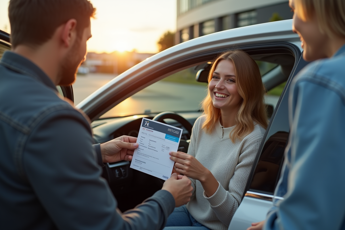 Une voiture ouverte avec deux personnes tenant un permis de conduire