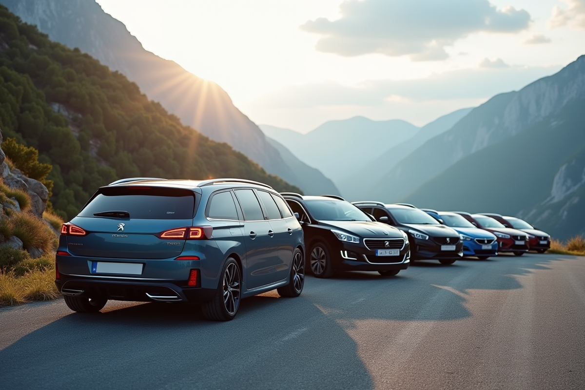 Plusieurs breaks modernes dont une Peugeot 508 SW sur une route de montagne